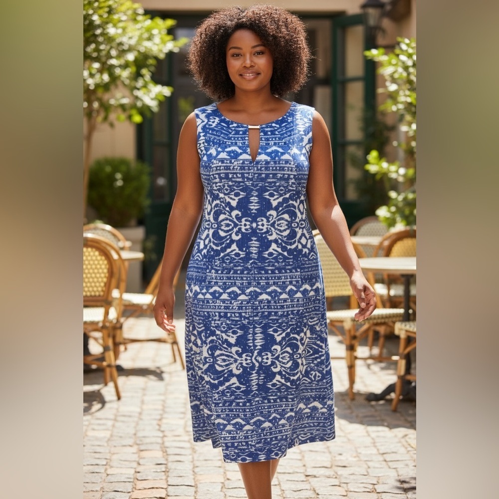 Danny & Nicole Blue White Ikat Print Keyhole Midi Dress 20W Plus Size NWT